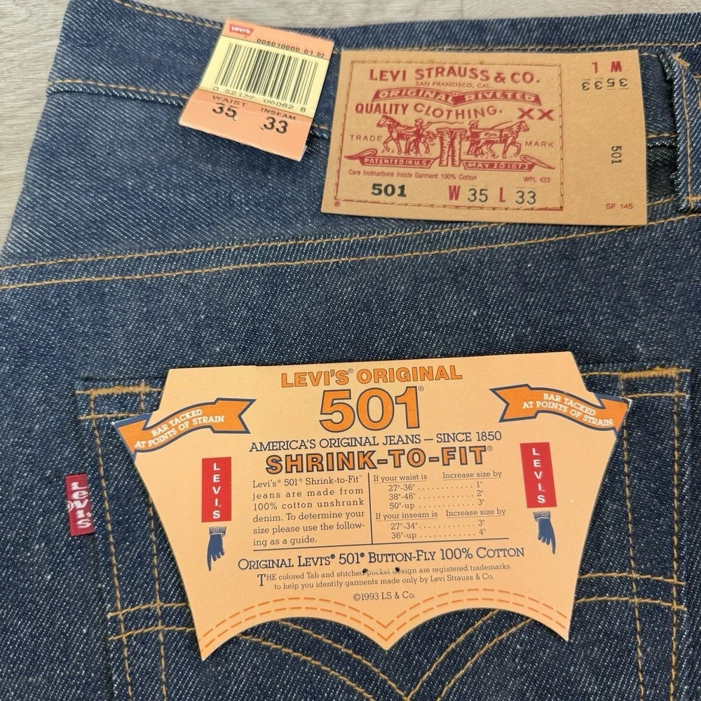 VTG Levis 501XX Shrink To Fit Jeans 35x33 Deadstock Raw Denim 2001 NOS 501 0000